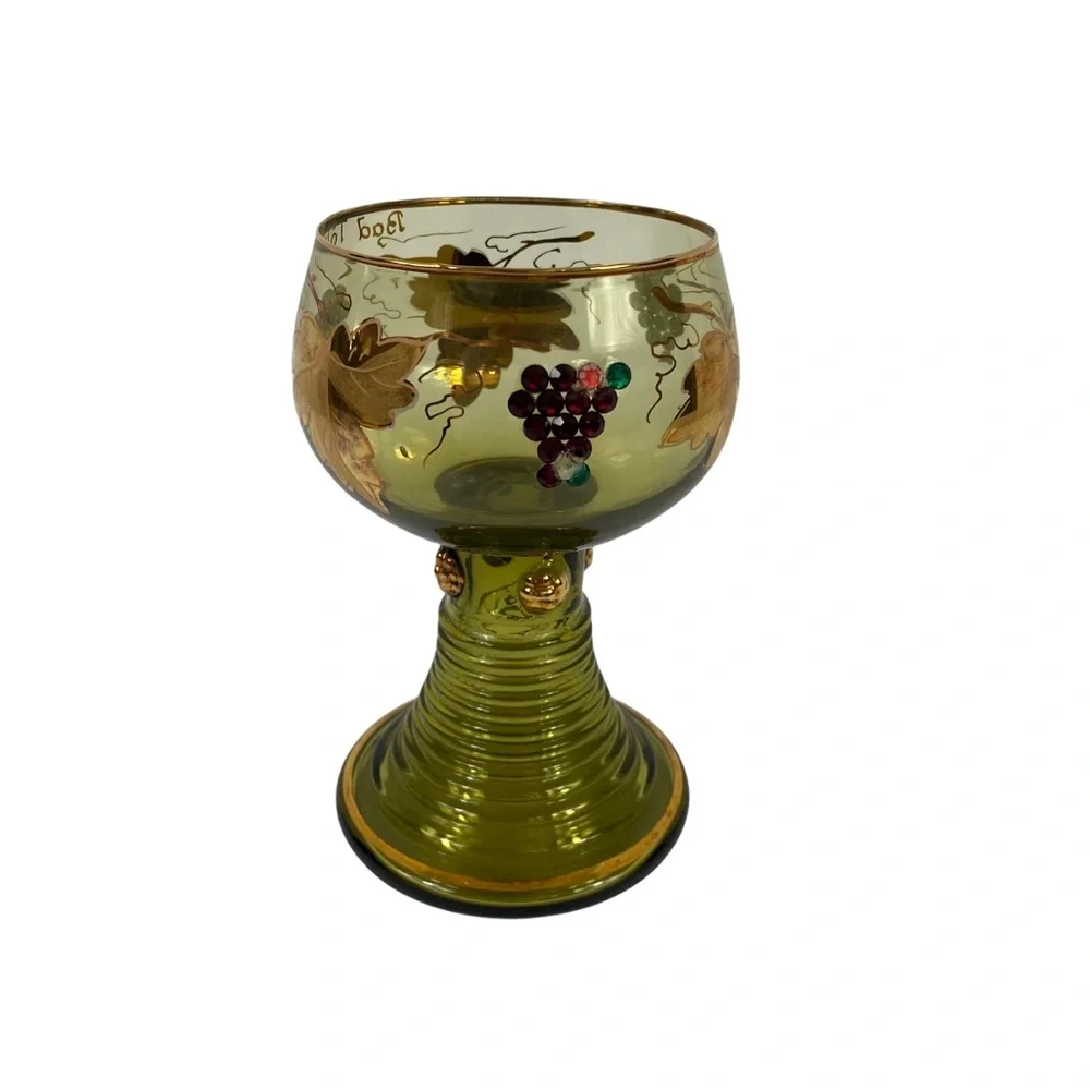 Vintage Germany Gold Olive Green Goblet Etched Encrusted